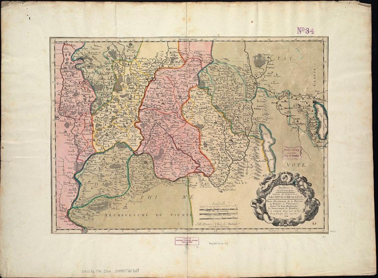 Gravure du xiie siècle de Nicolas Sanson où apparaît le mandement du Valromey (à droite, surligné en bleu)