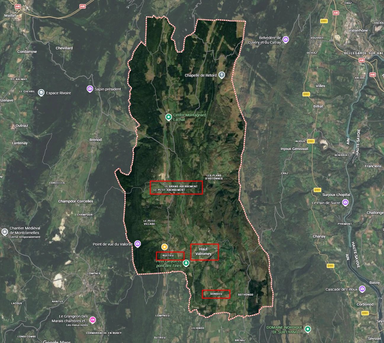 Carte satellite de Haut Valromey montrant Ruffieu, Le Petit-Abergement, Le Grand-Abergement, Hotonnes et Songieu