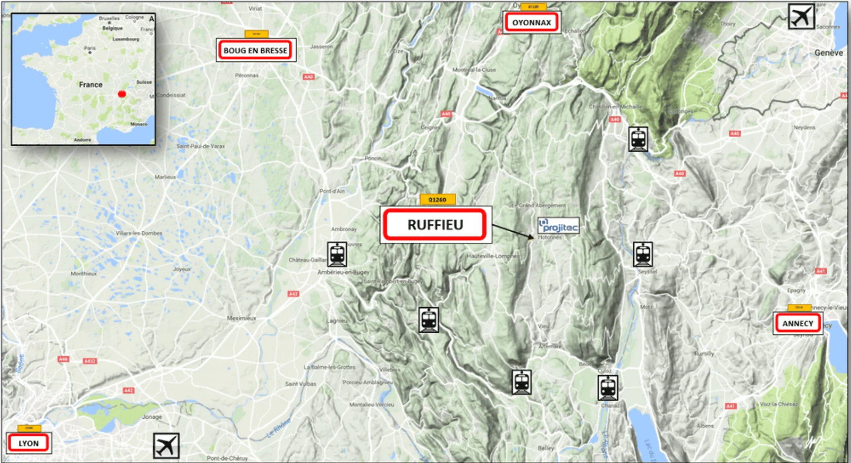 Carte de situation de Ruffieu montrant les principales villes, gares et aéroports à proximité